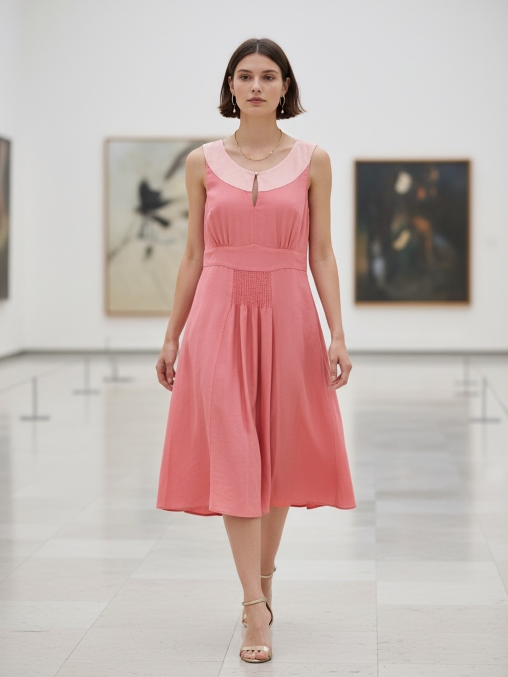 Cotelac Sleeveless Coral Pink dress French designer smocked silk blend - Picture 2 of 5